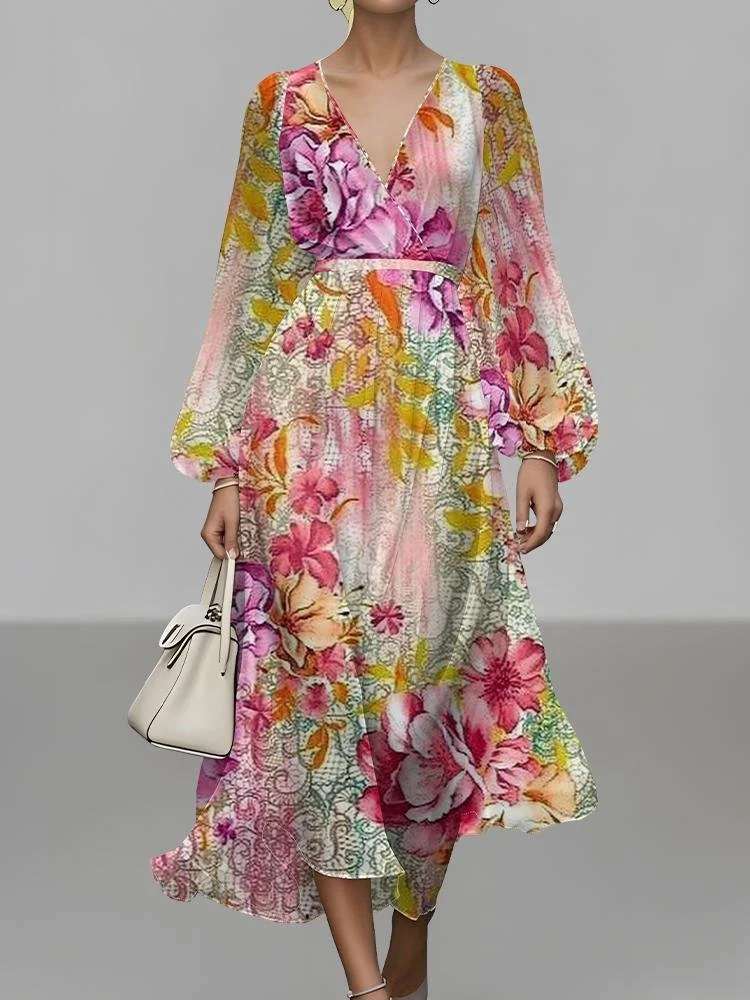 Damen Geblümt Puffärmel Frühling/Herbst Kleid V-Ausschnitt Langarm A-Linien-Kleid
