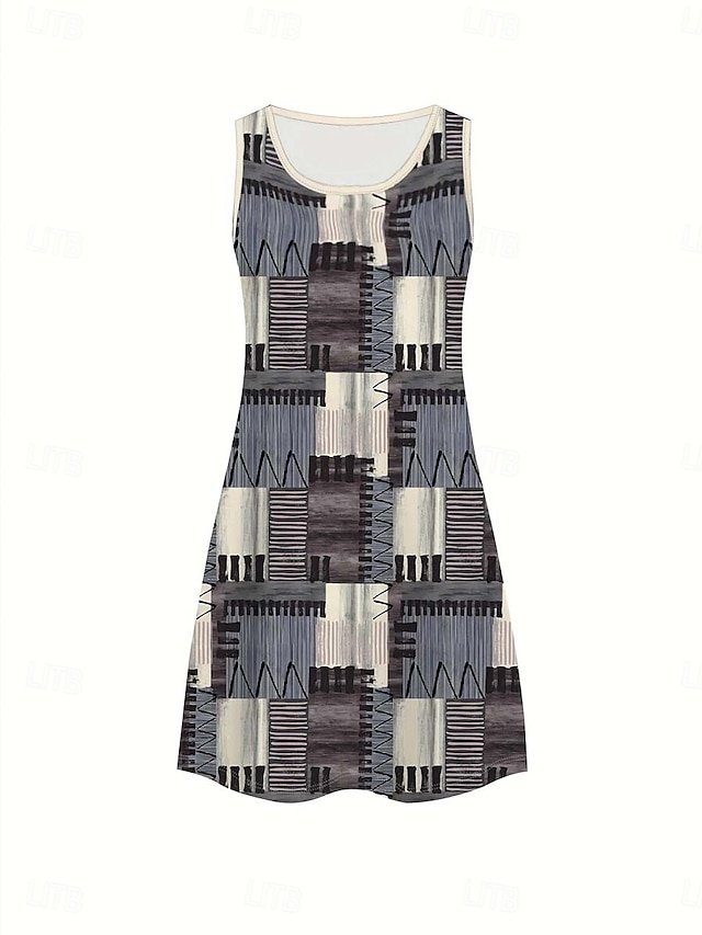 Damen Geometrisch Sommer Kleid V-Ausschnitt Ärmellos A-Linien-Kleid