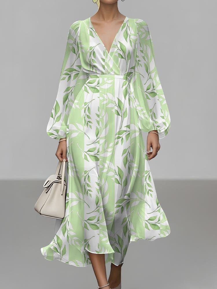 Damen Gestreift Puffärmel Frühling/Herbst Kleid V-Ausschnitt Langarm A-Linien-Kleid