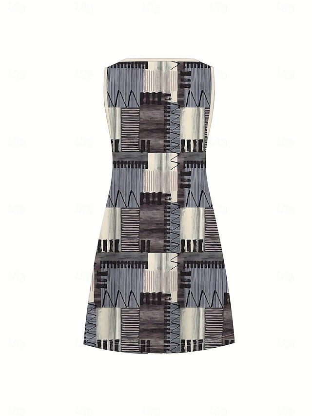 Damen Geometrisch Sommer Kleid V-Ausschnitt Ärmellos A-Linien-Kleid