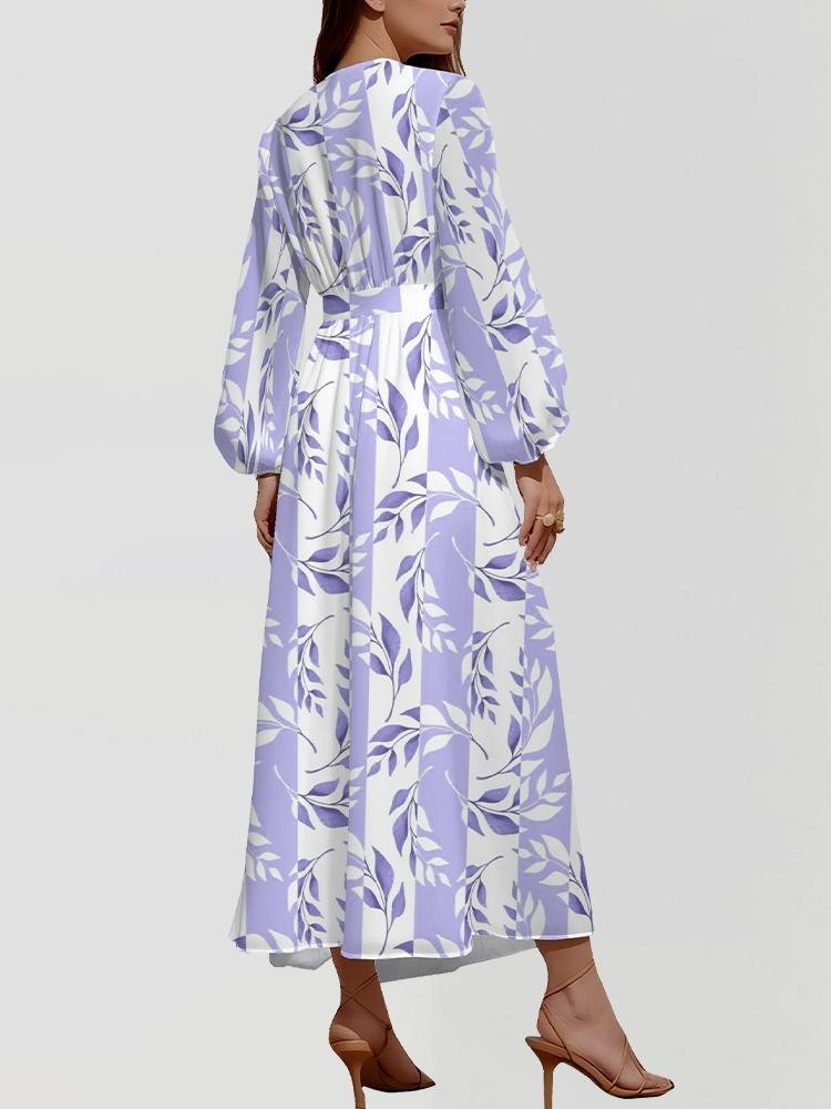 Damen Gestreift Puffärmel Frühling/Herbst Kleid V-Ausschnitt Langarm A-Linien-Kleid