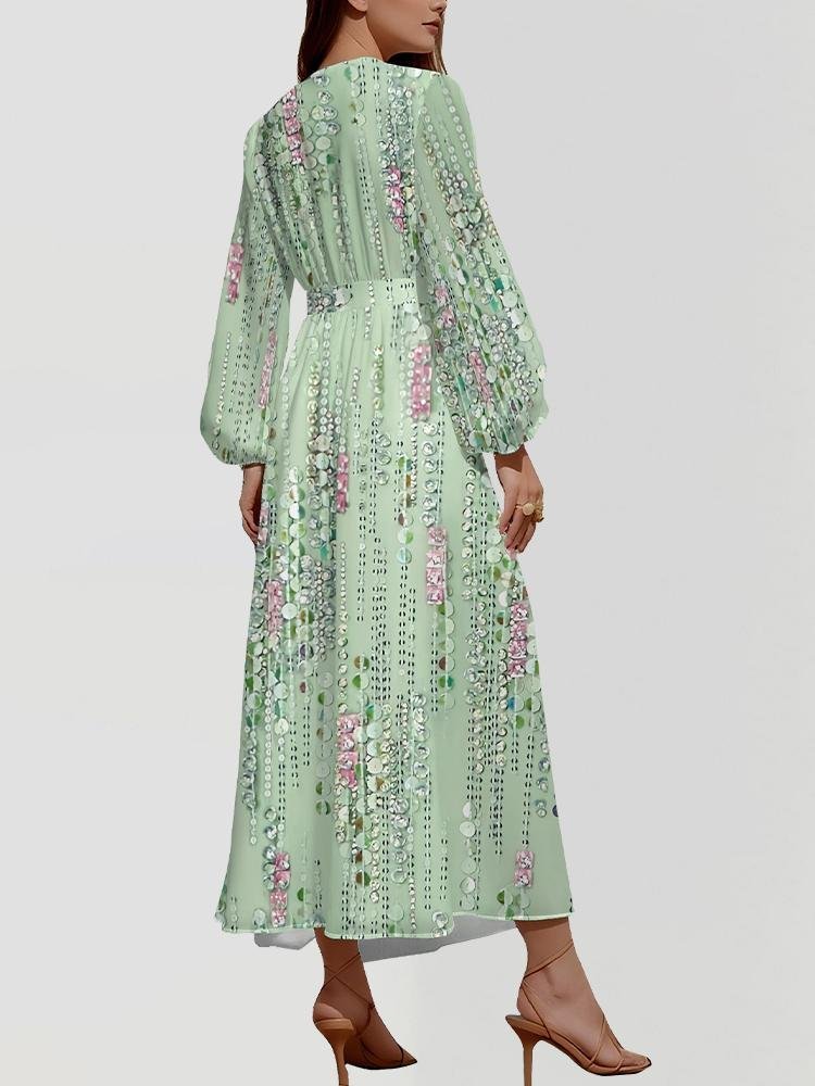 Damen Gestreift Puffärmel Frühling/Herbst Kleid V-Ausschnitt Langarm A-Linien-Kleid