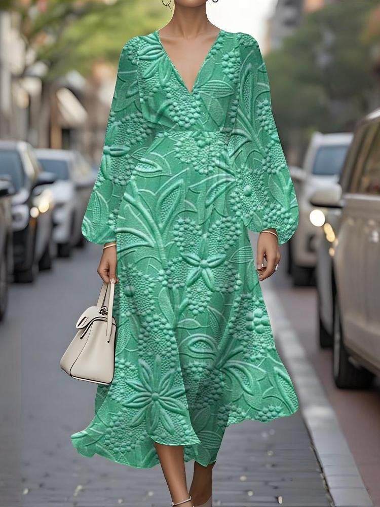Damen Geblümt Puffärmel Frühling/Herbst Kleid V-Ausschnitt Langarm A-Linien-Kleid