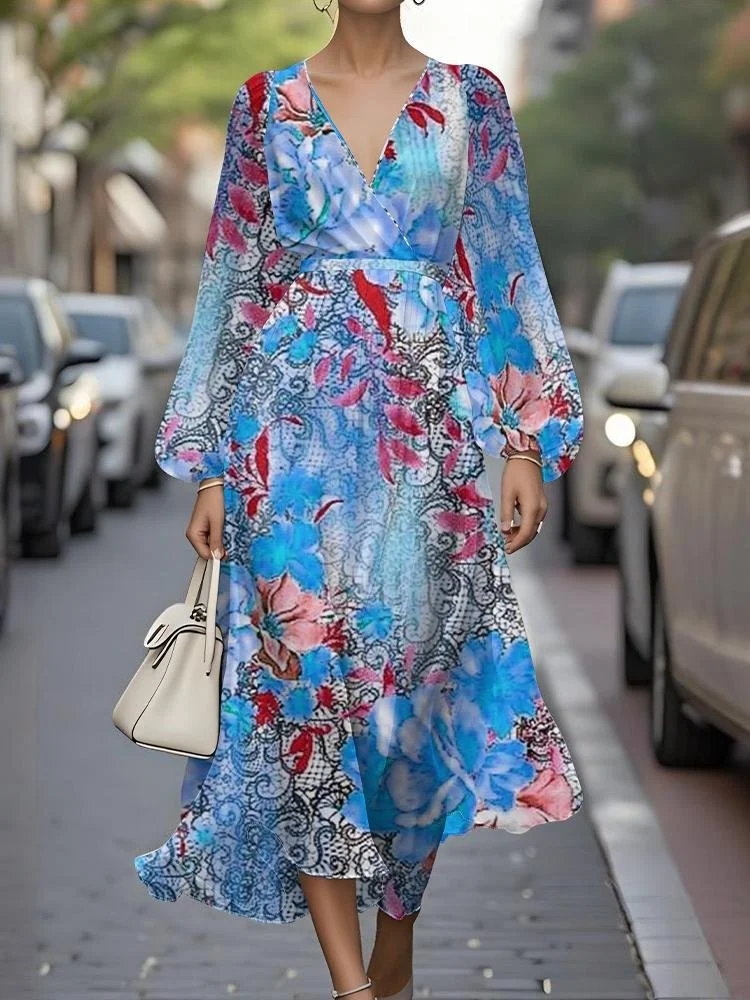 Damen Geblümt Puffärmel Frühling/Herbst Kleid V-Ausschnitt Langarm A-Linien-Kleid