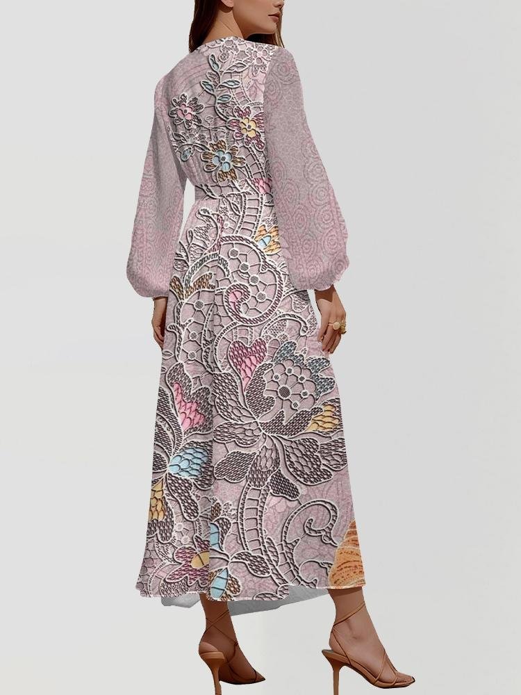 Damen Geblümt Puffärmel Frühling/Herbst Kleid V-Ausschnitt Langarm A-Linien-Kleid