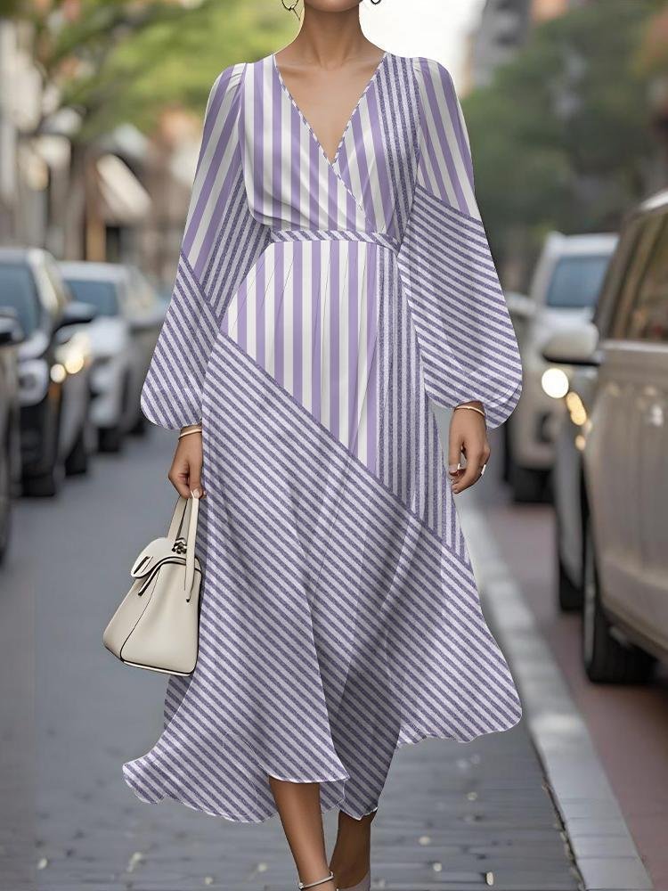 Damen Gestreift Puffärmel Frühling/Herbst Kleid V-Ausschnitt Langarm A-Linien-Kleid