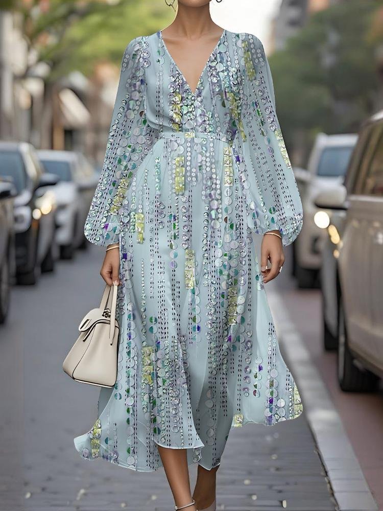 Damen Gestreift Puffärmel Frühling/Herbst Kleid V-Ausschnitt Langarm A-Linien-Kleid