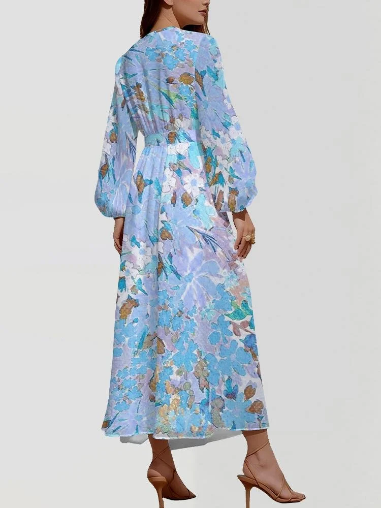 Damen Geblümt Puffärmel Frühling/Herbst Kleid V-Ausschnitt Langarm A-Linien-Kleid