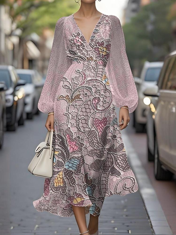 Damen Geblümt Puffärmel Frühling/Herbst Kleid V-Ausschnitt Langarm A-Linien-Kleid