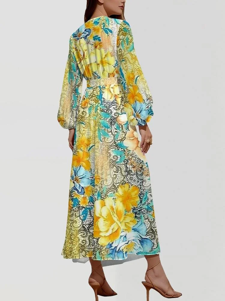 Damen Geblümt Puffärmel Frühling/Herbst Kleid V-Ausschnitt Langarm A-Linien-Kleid