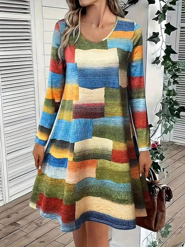 Damen Geometrisch Frühling/Herbst Kleid V-Ausschnitt Langarm A-Linien-Kleid