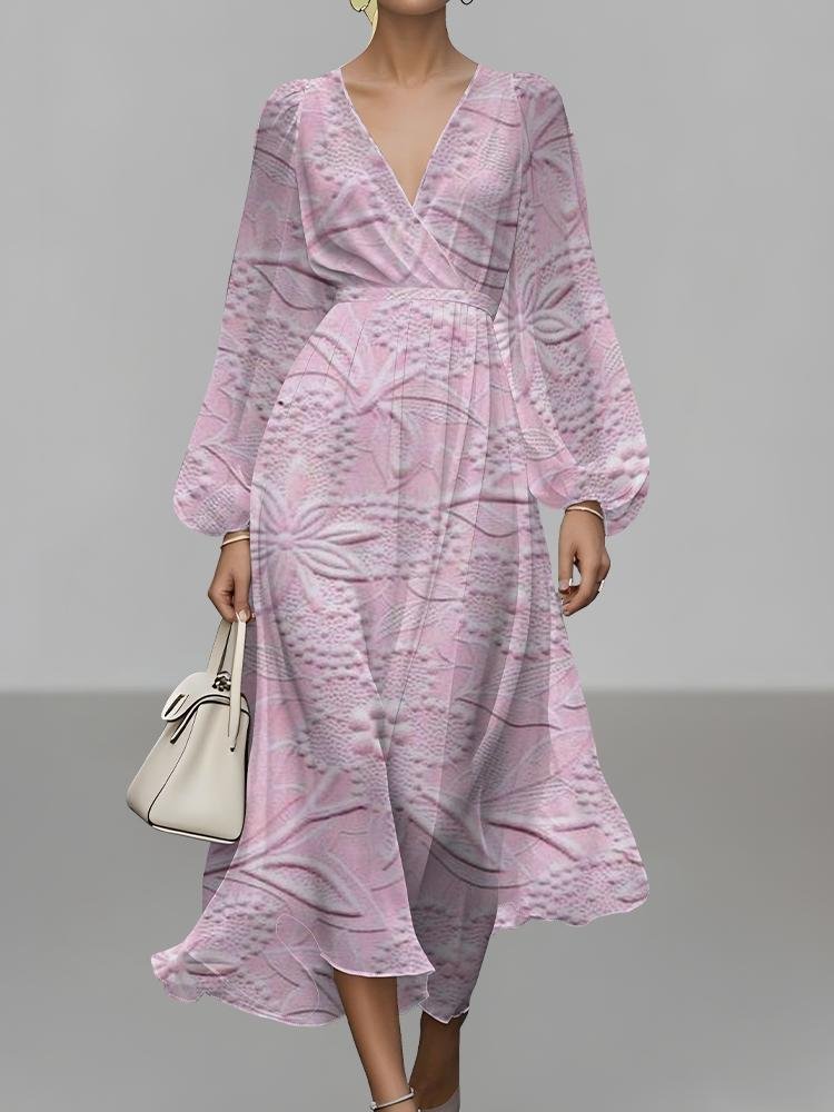 Damen Geblümt Puffärmel Frühling/Herbst Kleid V-Ausschnitt Langarm A-Linien-Kleid