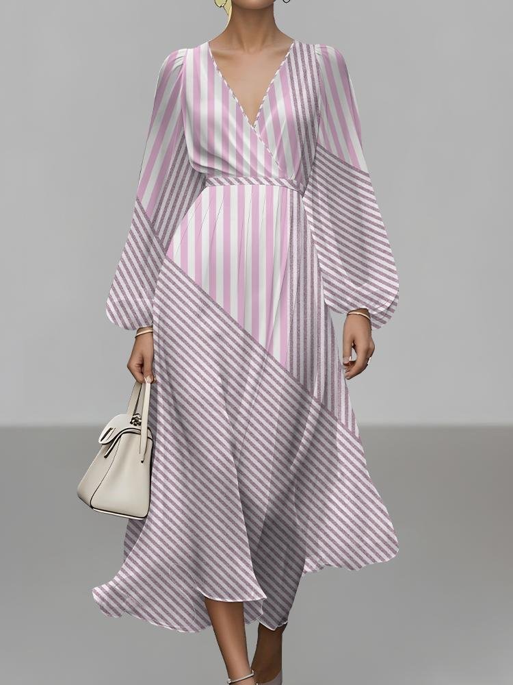 Damen Gestreift Puffärmel Frühling/Herbst Kleid V-Ausschnitt Langarm A-Linien-Kleid