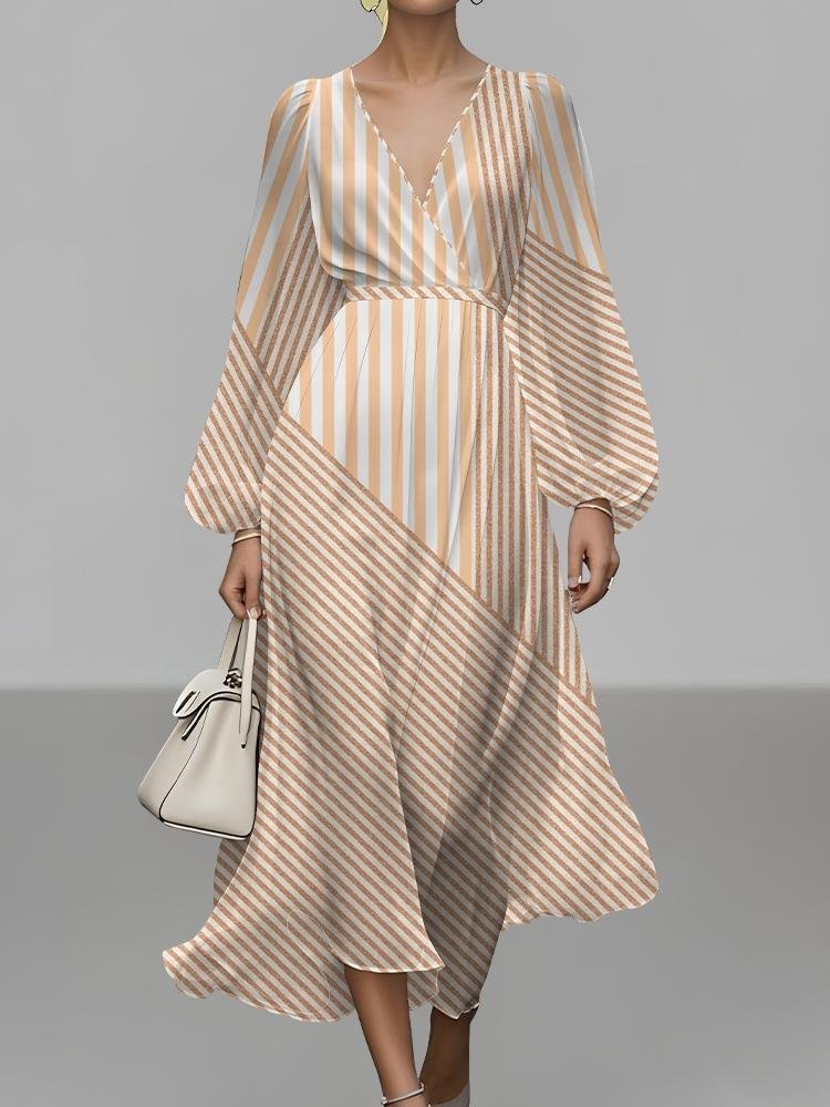 Damen Gestreift Puffärmel Frühling/Herbst Kleid V-Ausschnitt Langarm A-Linien-Kleid