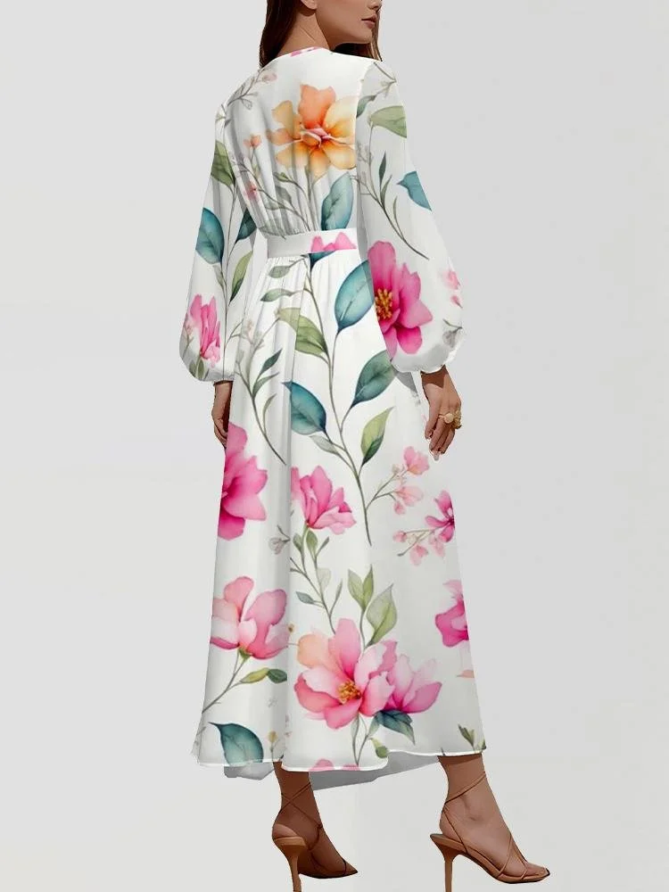Damen Geblümt Puffärmel Frühling/Herbst Kleid V-Ausschnitt Langarm A-Linien-Kleid