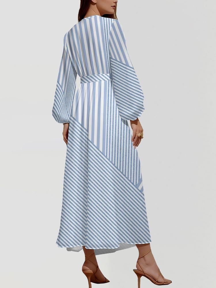 Damen Gestreift Puffärmel Frühling/Herbst Kleid V-Ausschnitt Langarm A-Linien-Kleid