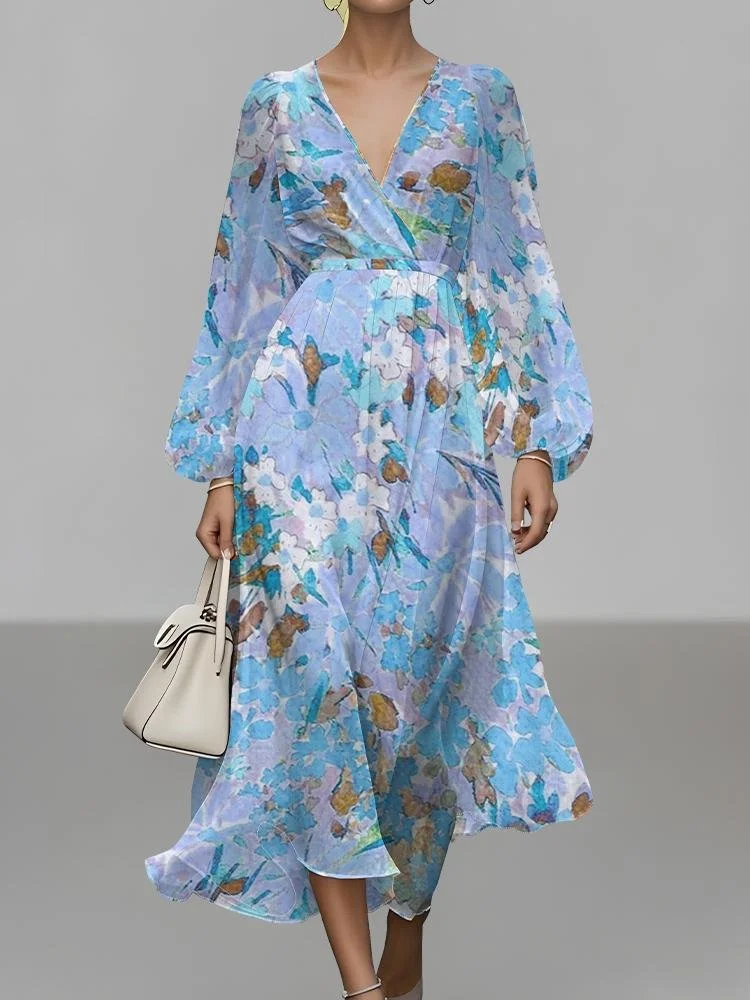 Damen Geblümt Puffärmel Frühling/Herbst Kleid V-Ausschnitt Langarm A-Linien-Kleid