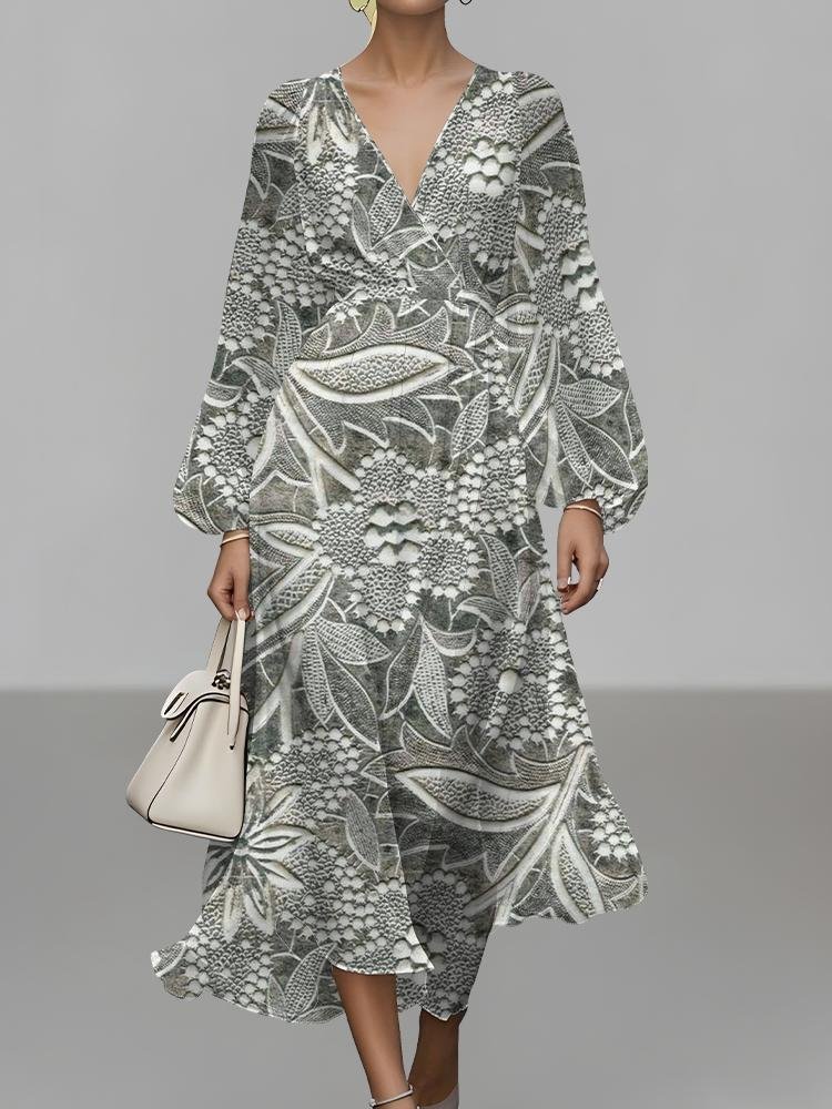 Damen Geblümt Puffärmel Frühling/Herbst Kleid V-Ausschnitt Langarm A-Linien-Kleid