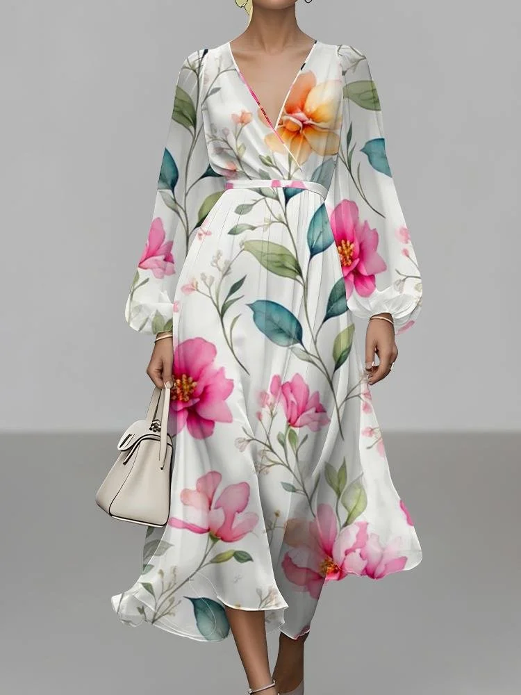 Damen Geblümt Puffärmel Frühling/Herbst Kleid V-Ausschnitt Langarm A-Linien-Kleid