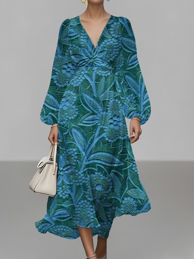 Damen Geblümt Puffärmel Frühling/Herbst Kleid V-Ausschnitt Langarm A-Linien-Kleid