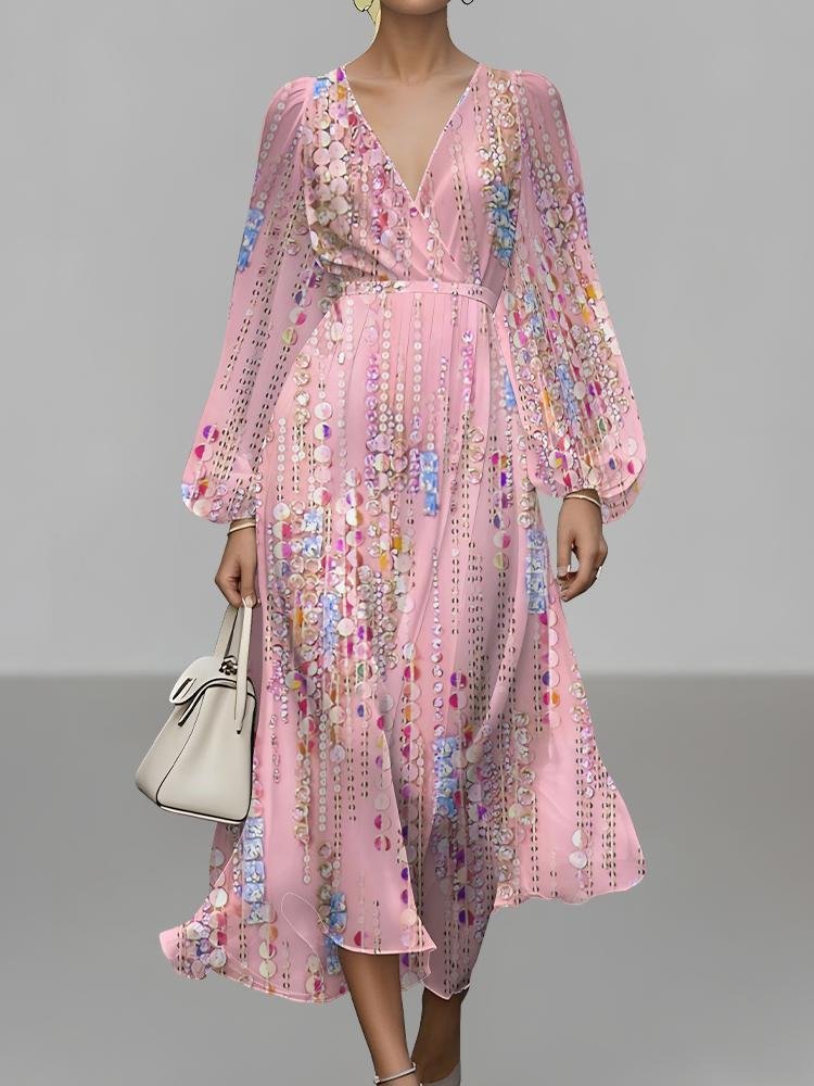 Damen Gestreift Puffärmel Frühling/Herbst Kleid V-Ausschnitt Langarm A-Linien-Kleid