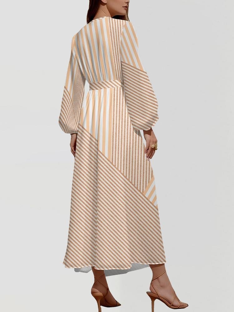 Damen Gestreift Puffärmel Frühling/Herbst Kleid V-Ausschnitt Langarm A-Linien-Kleid