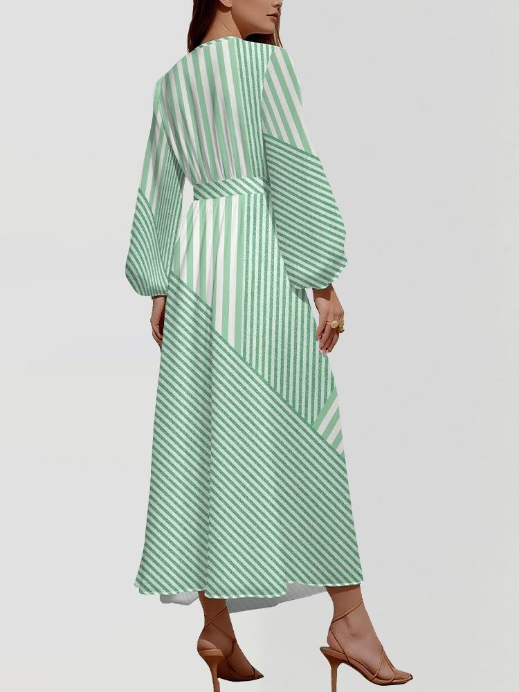 Damen Gestreift Puffärmel Frühling/Herbst Kleid V-Ausschnitt Langarm A-Linien-Kleid