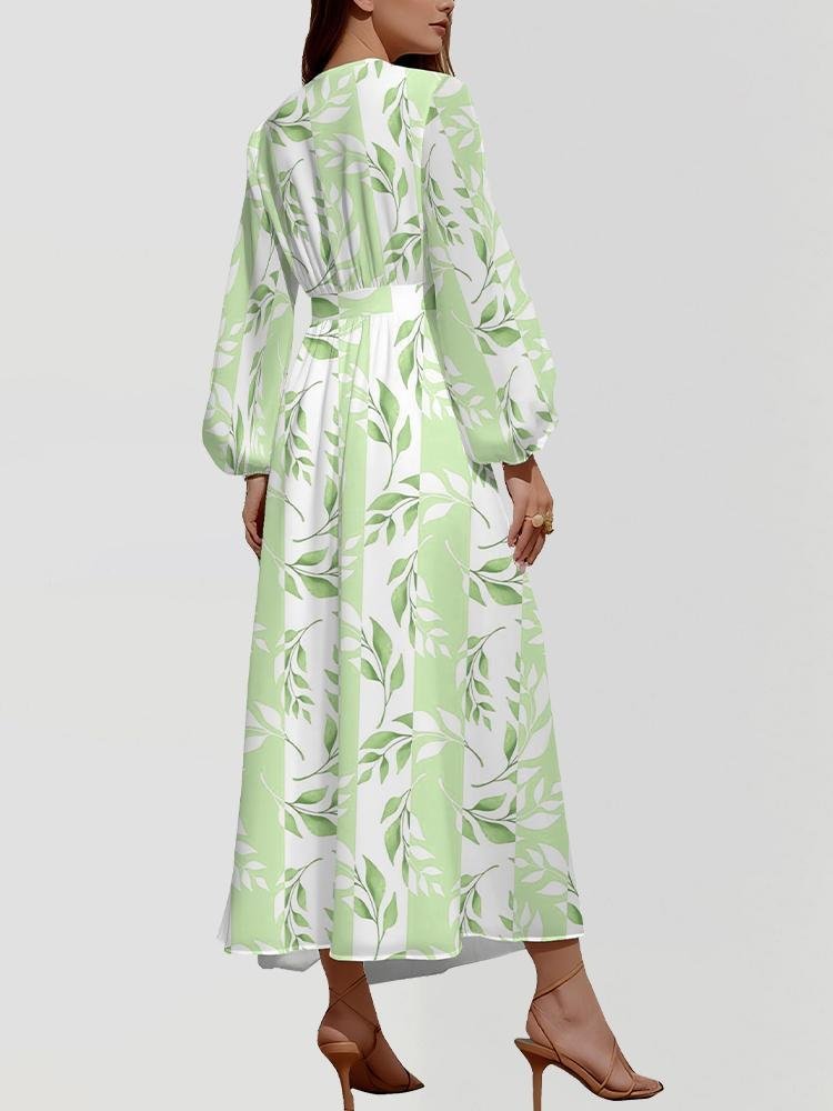 Damen Gestreift Puffärmel Frühling/Herbst Kleid V-Ausschnitt Langarm A-Linien-Kleid