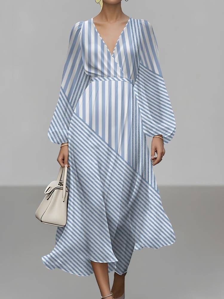 Damen Gestreift Puffärmel Frühling/Herbst Kleid V-Ausschnitt Langarm A-Linien-Kleid