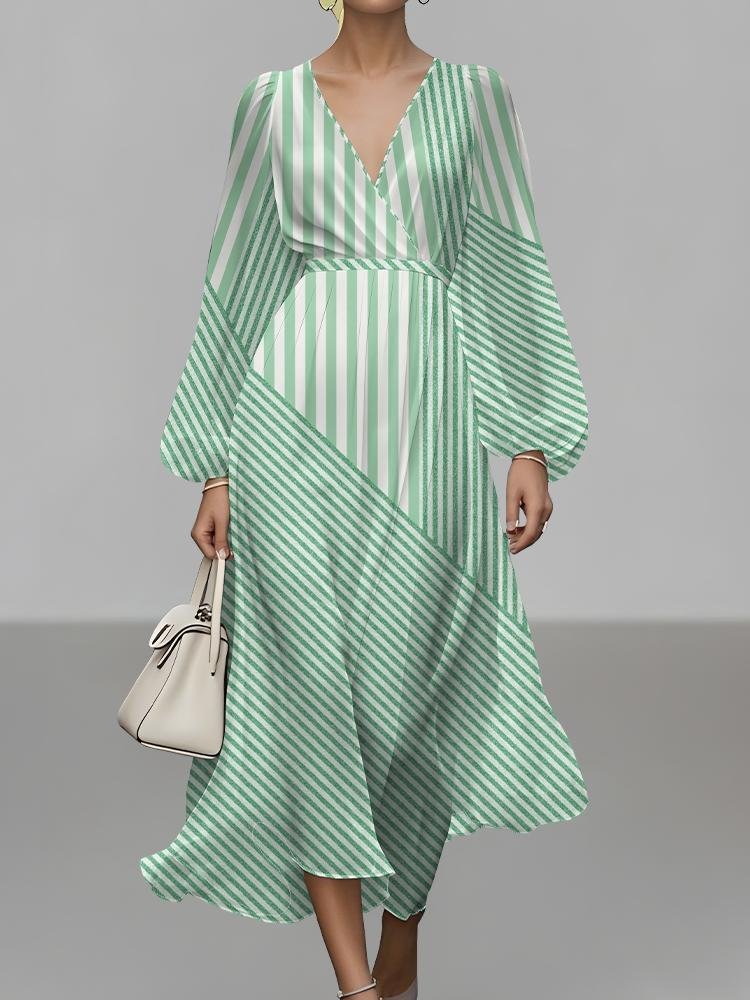 Damen Gestreift Puffärmel Frühling/Herbst Kleid V-Ausschnitt Langarm A-Linien-Kleid