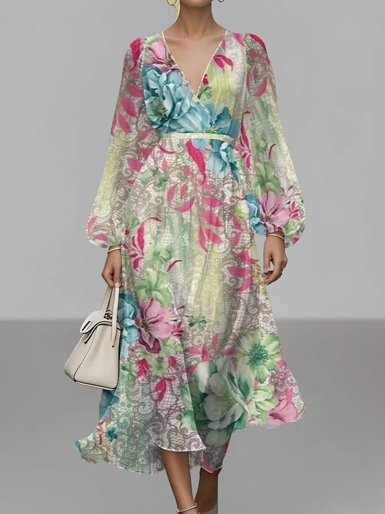 Damen Geblümt Puffärmel Frühling/Herbst Kleid V-Ausschnitt Langarm A-Linien-Kleid