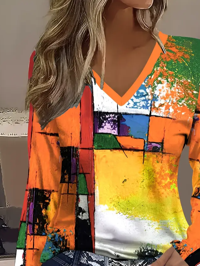 Lässig Abstrakt V-Ausschnitt Langarm T-Shirt