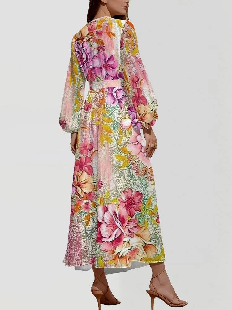 Damen Geblümt Puffärmel Frühling/Herbst Kleid V-Ausschnitt Langarm A-Linien-Kleid