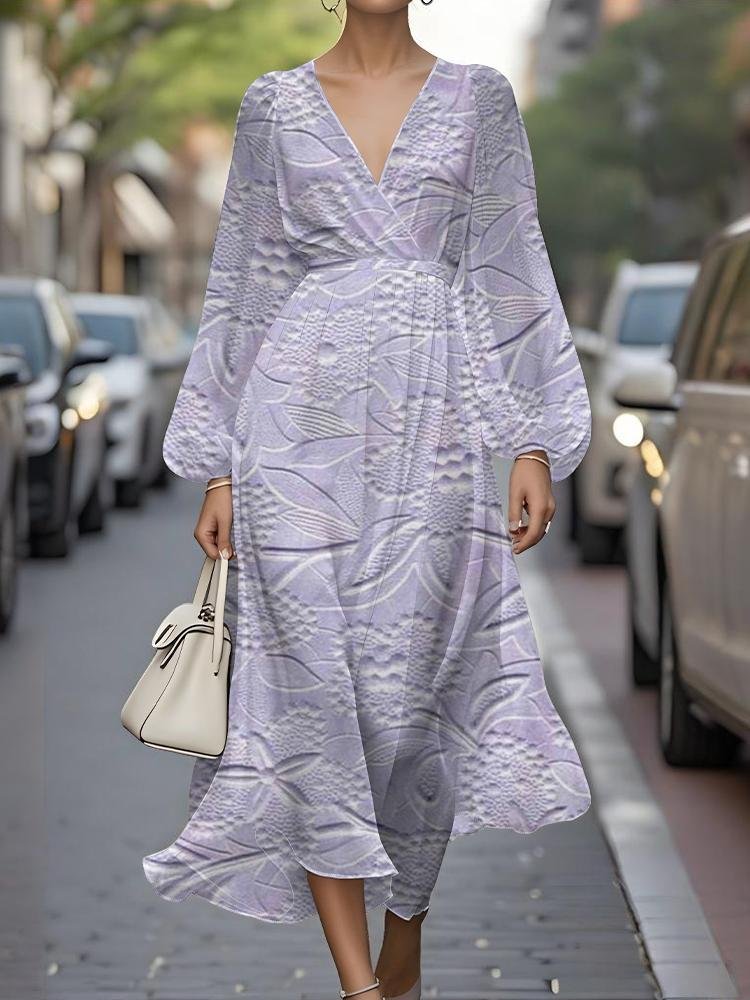 Damen Geblümt Puffärmel Frühling/Herbst Kleid V-Ausschnitt Langarm A-Linien-Kleid