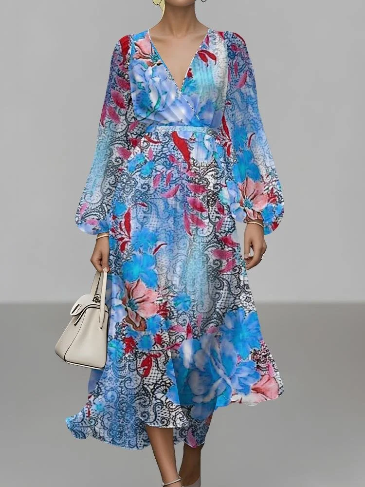 Damen Geblümt Puffärmel Frühling/Herbst Kleid V-Ausschnitt Langarm A-Linien-Kleid