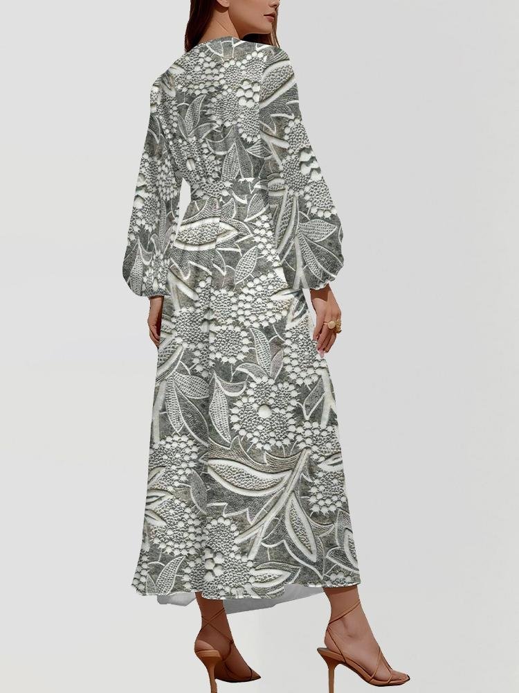 Damen Geblümt Puffärmel Frühling/Herbst Kleid V-Ausschnitt Langarm A-Linien-Kleid