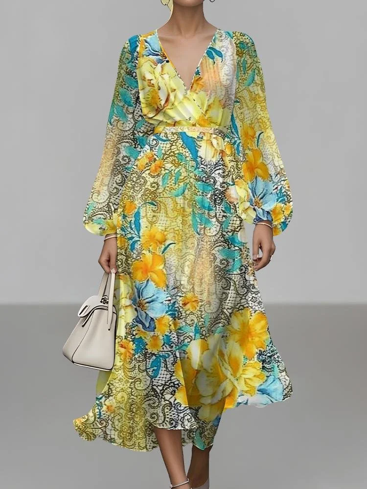 Damen Geblümt Puffärmel Frühling/Herbst Kleid V-Ausschnitt Langarm A-Linien-Kleid