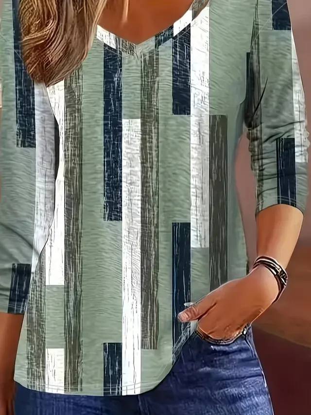 Lässig Geometrisch V-Ausschnitt Langarm T-Shirt