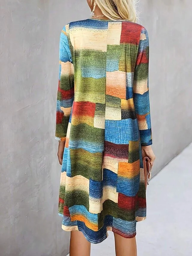 Damen Geometrisch Frühling/Herbst Kleid V-Ausschnitt Langarm A-Linien-Kleid