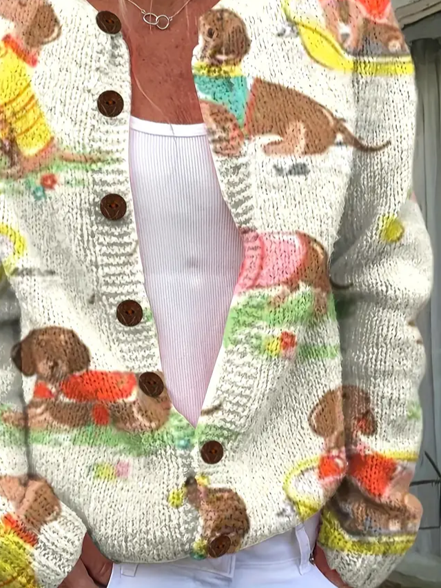 Damen Gestrickt Kartoon Langarm Bequem Retro Strickjacke