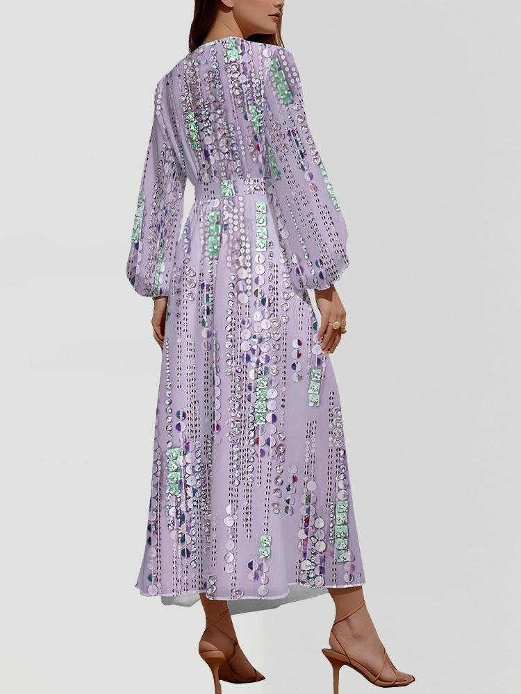 Damen Gestreift Puffärmel Frühling/Herbst Kleid V-Ausschnitt Langarm A-Linien-Kleid