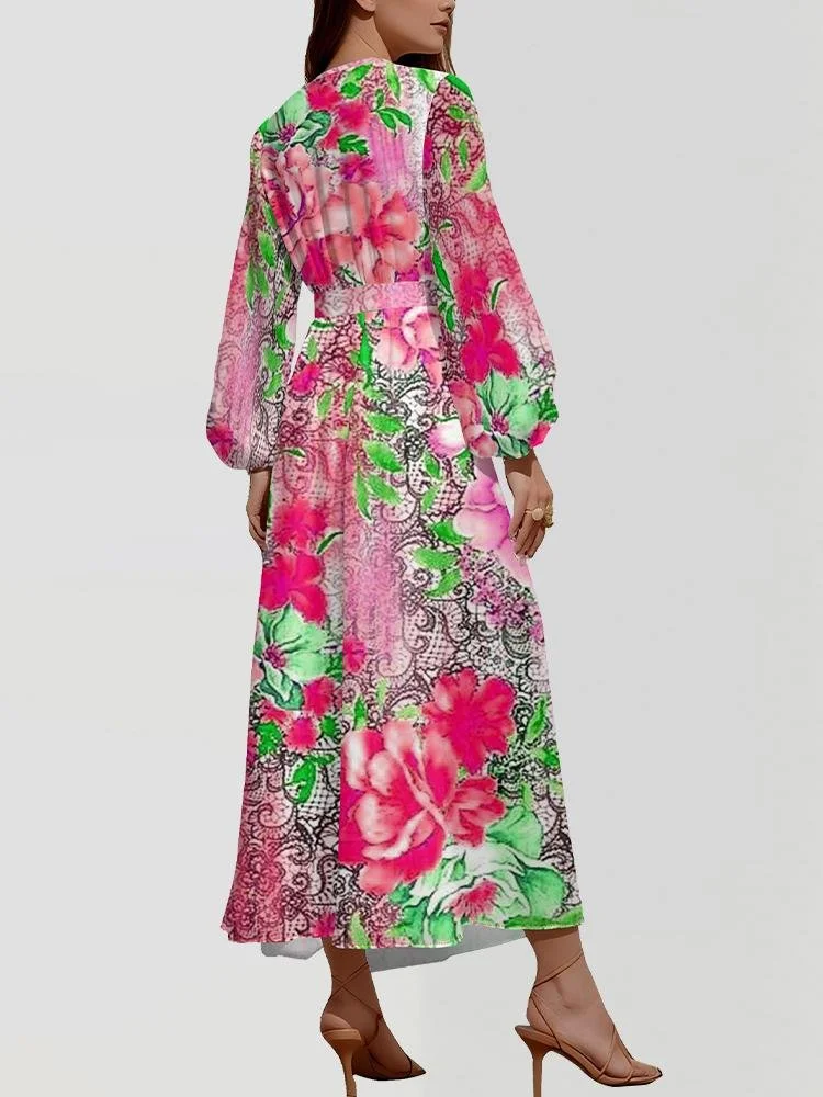 Damen Geblümt Puffärmel Frühling/Herbst Kleid V-Ausschnitt Langarm A-Linien-Kleid