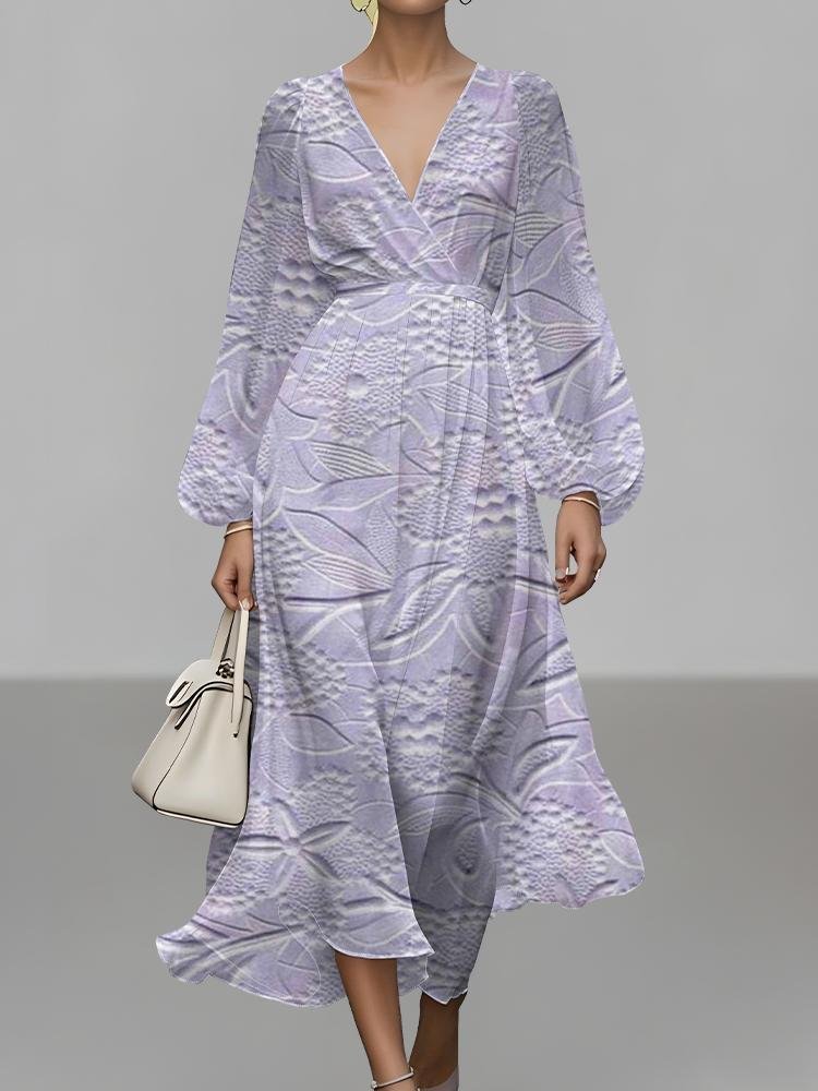 Damen Geblümt Puffärmel Frühling/Herbst Kleid V-Ausschnitt Langarm A-Linien-Kleid