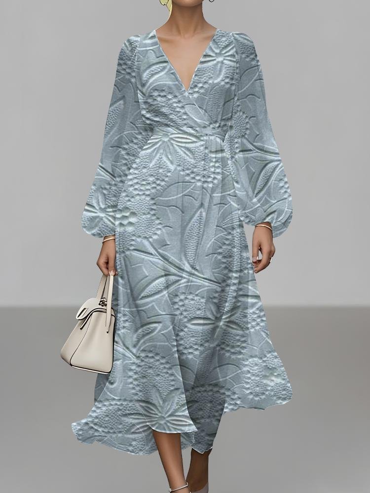 Damen Geblümt Puffärmel Frühling/Herbst Kleid V-Ausschnitt Langarm A-Linien-Kleid