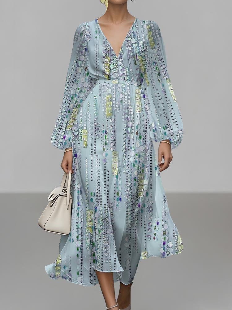 Damen Gestreift Puffärmel Frühling/Herbst Kleid V-Ausschnitt Langarm A-Linien-Kleid