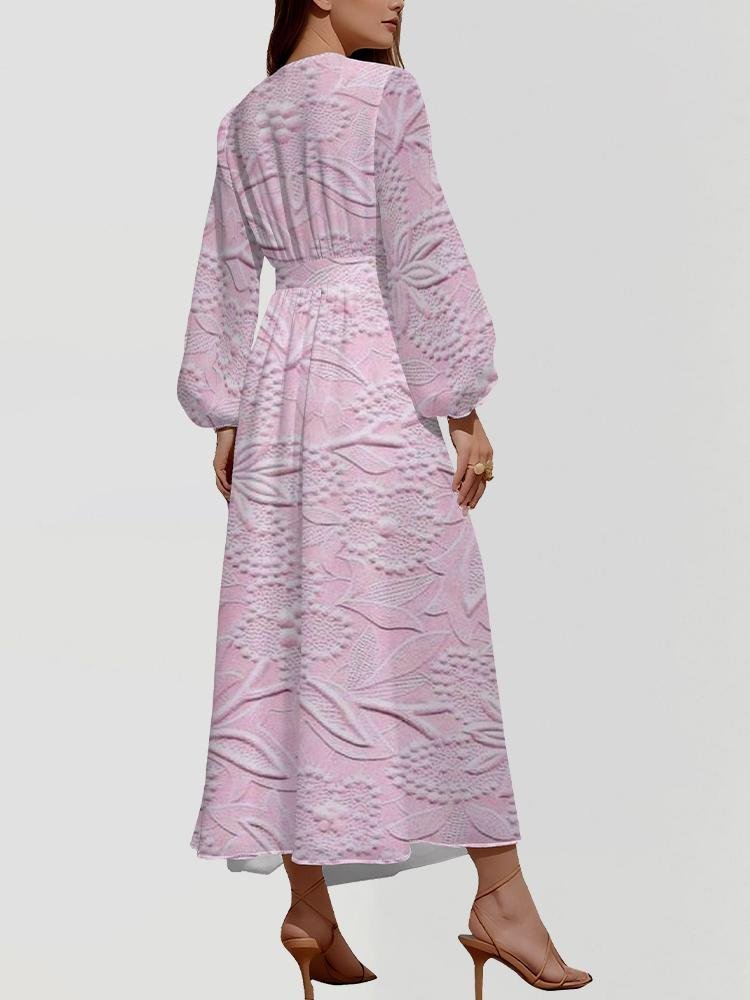 Damen Geblümt Puffärmel Frühling/Herbst Kleid V-Ausschnitt Langarm A-Linien-Kleid