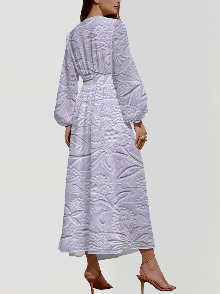 Damen Geblümt Puffärmel Frühling/Herbst Kleid V-Ausschnitt Langarm A-Linien-Kleid