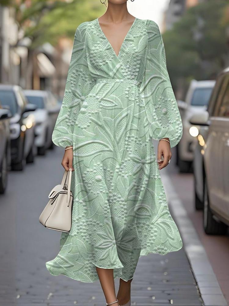 Damen Geblümt Puffärmel Frühling/Herbst Kleid V-Ausschnitt Langarm A-Linien-Kleid