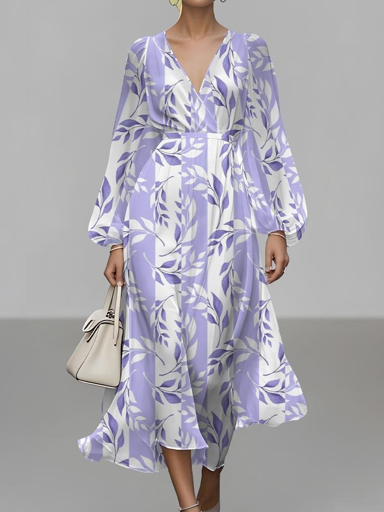 Damen Gestreift Puffärmel Frühling/Herbst Kleid V-Ausschnitt Langarm A-Linien-Kleid