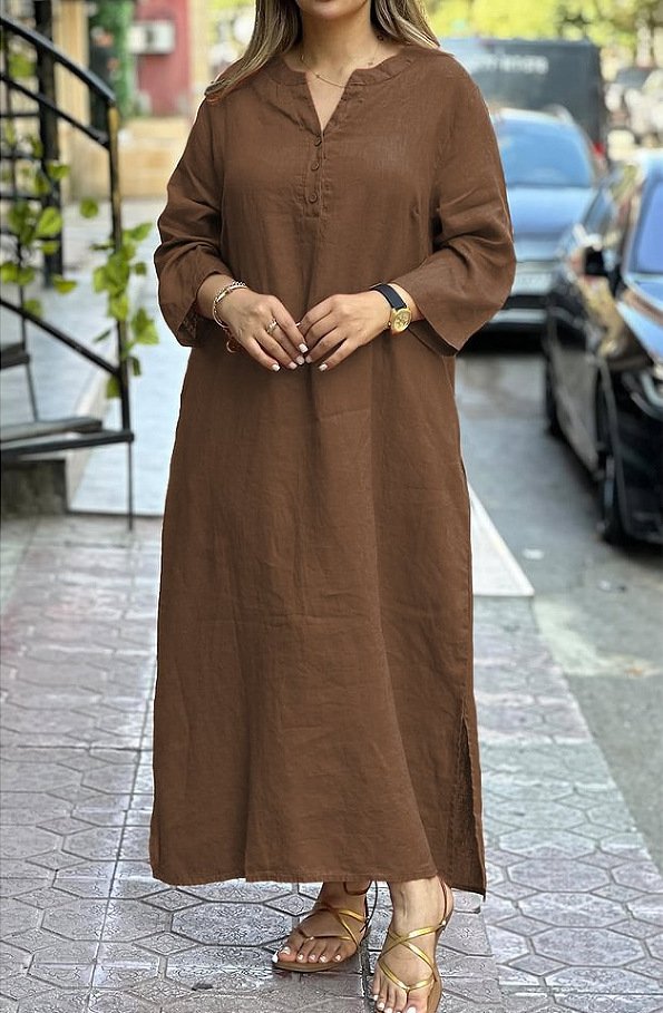 Damen Unifarben Frühling/Herbst Kleid V-Ausschnitt Langarm A-Linien-Kleid